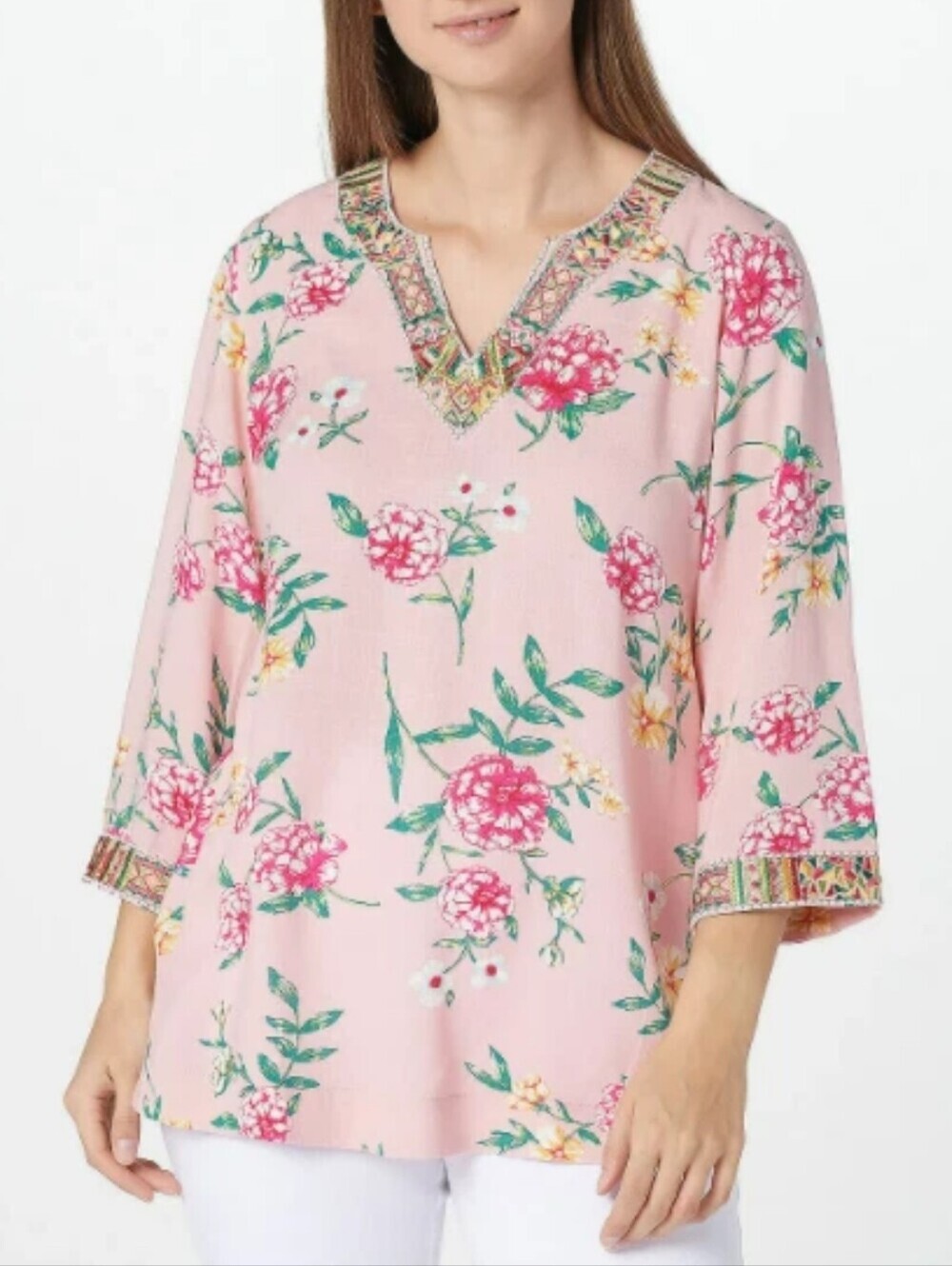 Belle by Kim Gravel Pink Floral Embroidered Tunic Split Neck Top SZ XL Boho Chic